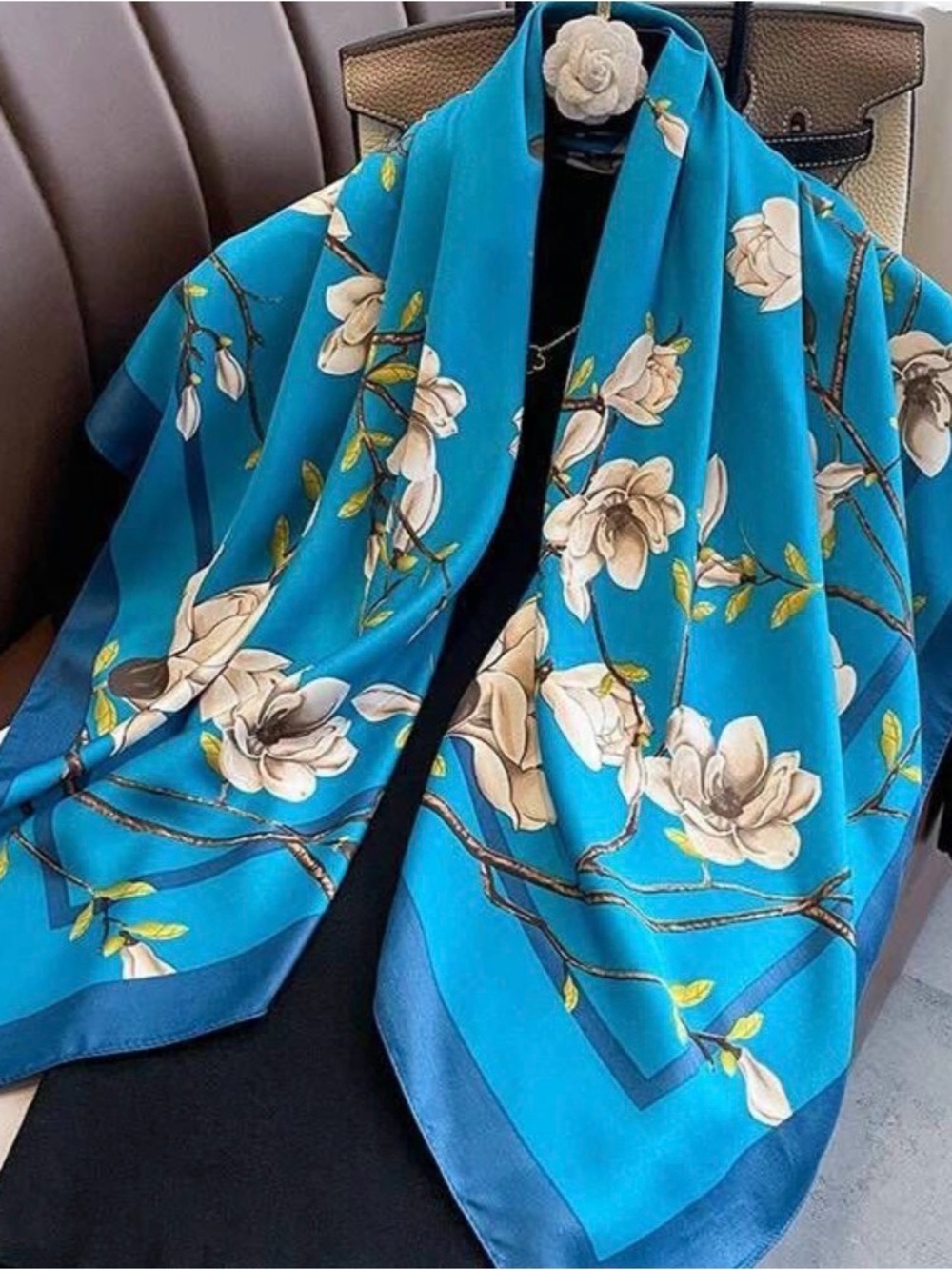 Brand New, French Luxe Flower Print Silk Feel Hooded Shawl, Scarf Wrap